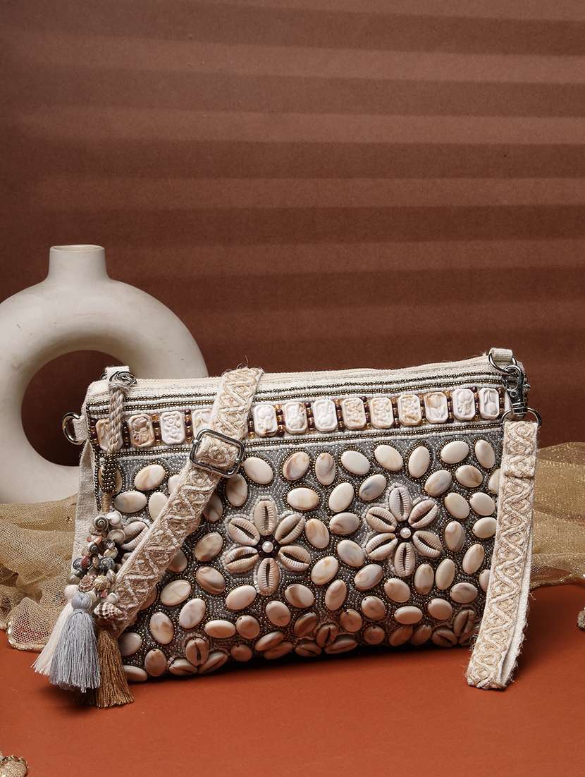 cotton floral embellished sling bag with tassels