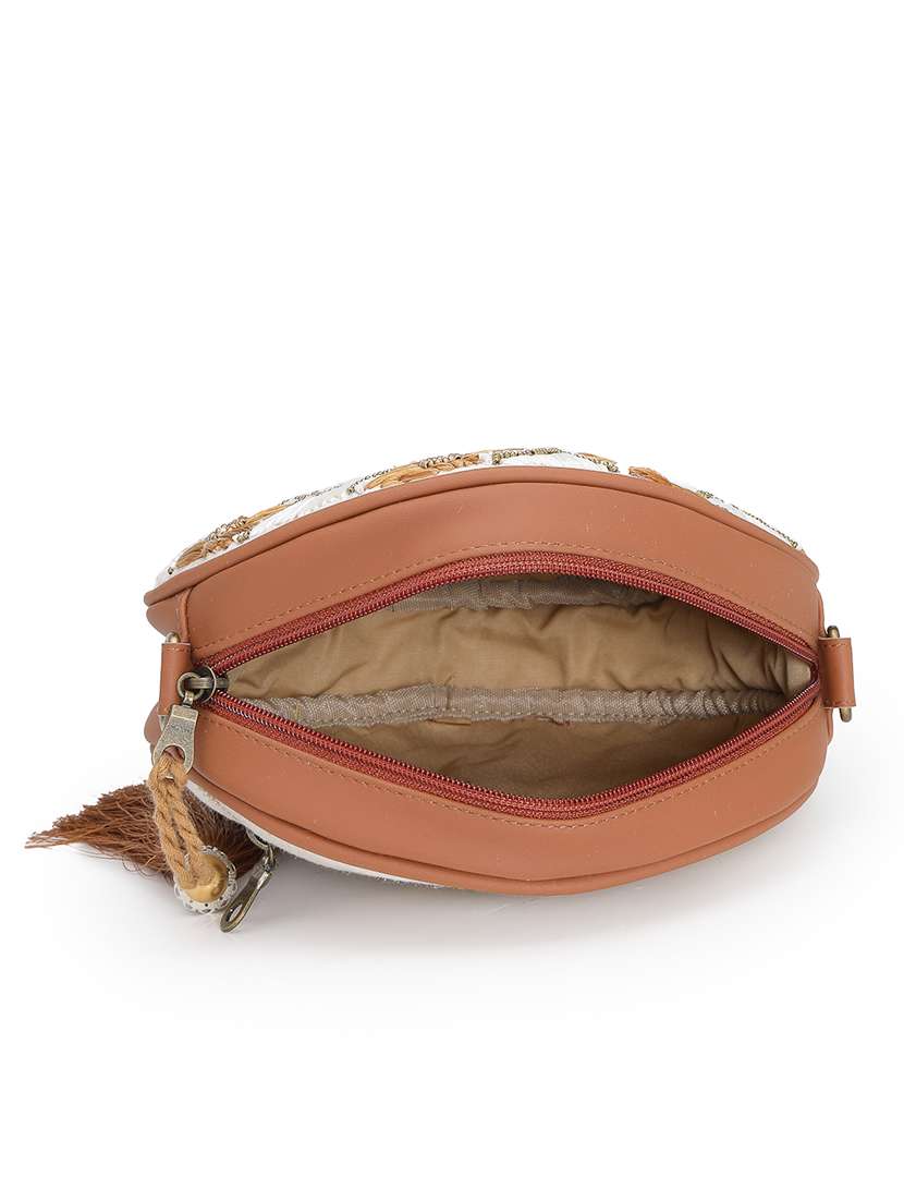 Tan Floral Embellished Cotton Sling Bag With Zip Closure - 22541930 -  Standard Image - 2
