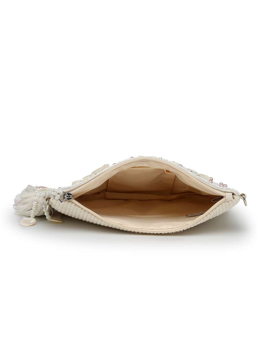 Off White Floral Embellished Canvas Sling Bag With Zip Closure - 22541931 -  Standard Image - 2