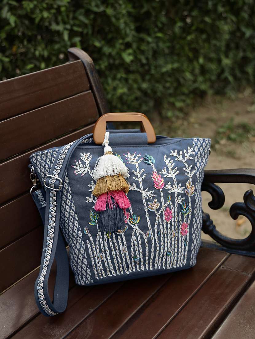 navy blue floral embroidery cotton handheld bag