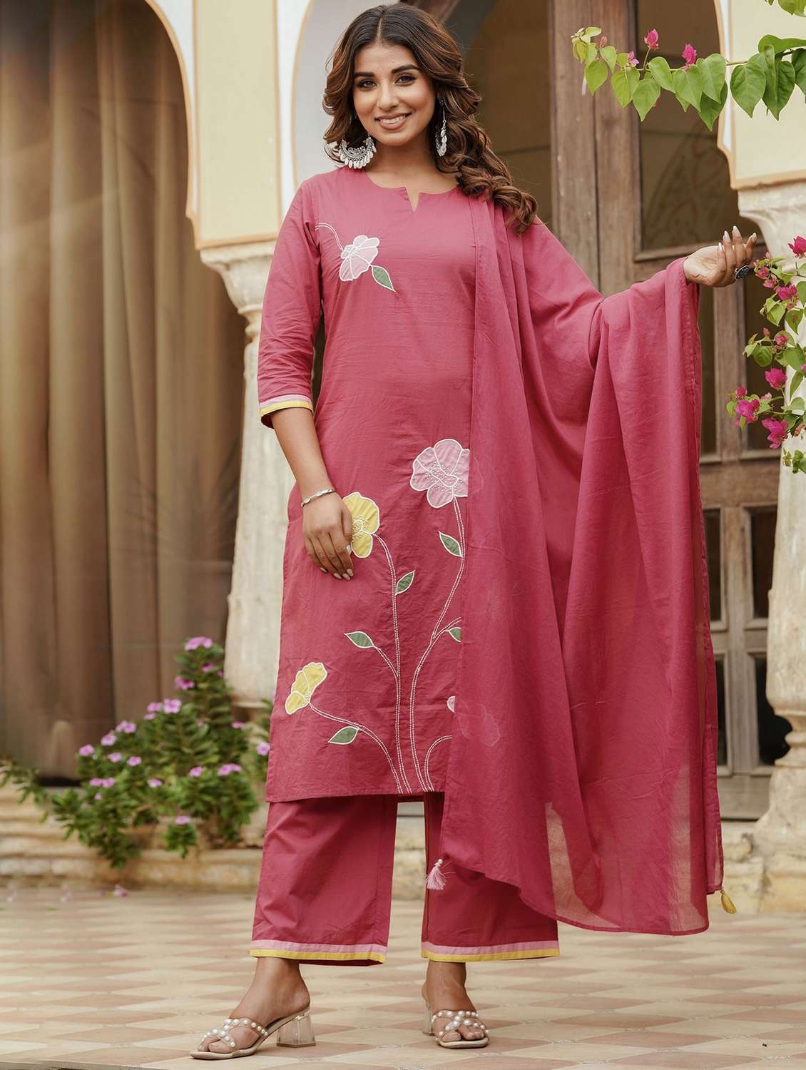 women embroidered three quarter sleeve kurta palazzo with dupatta set