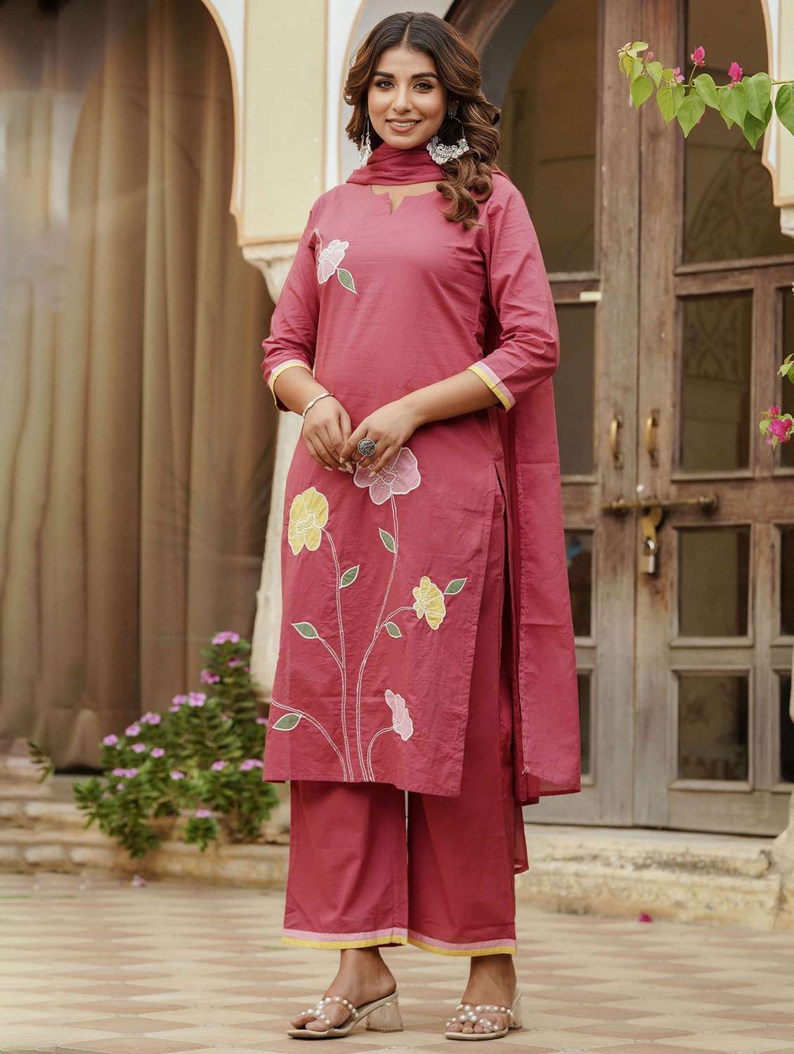women embroidered three quarter sleeve kurta palazzo with dupatta set - 22541979 -  Standard Image - 2