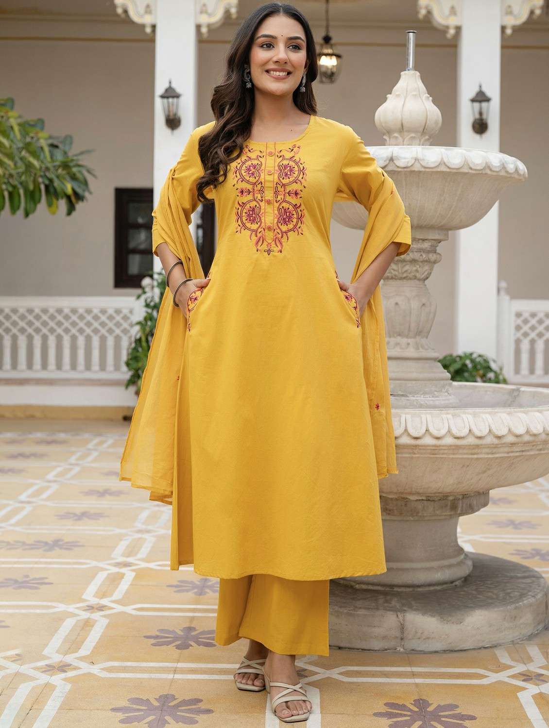 women embroidered three quarter sleeve kurta palazzo with dupatta set - 22541990 -  Standard Image - 2