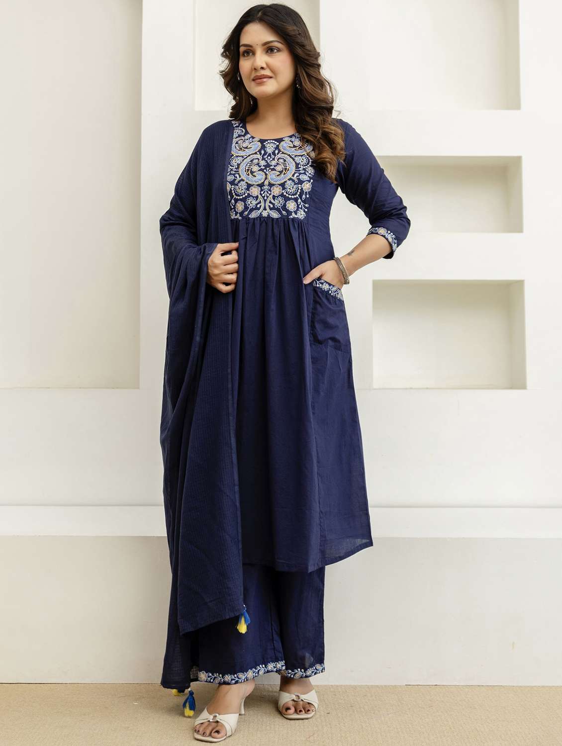 women embroidered three quarter sleeve kurta palazzo with dupatta set - 22541997 -  Standard Image - 2