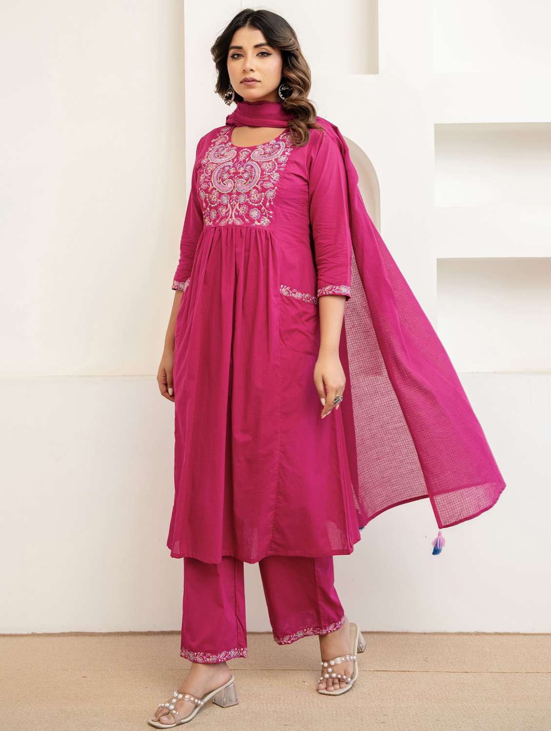 women embroidered three quarter sleeve kurta palazzo with dupatta set - 22541998 -  Standard Image - 2