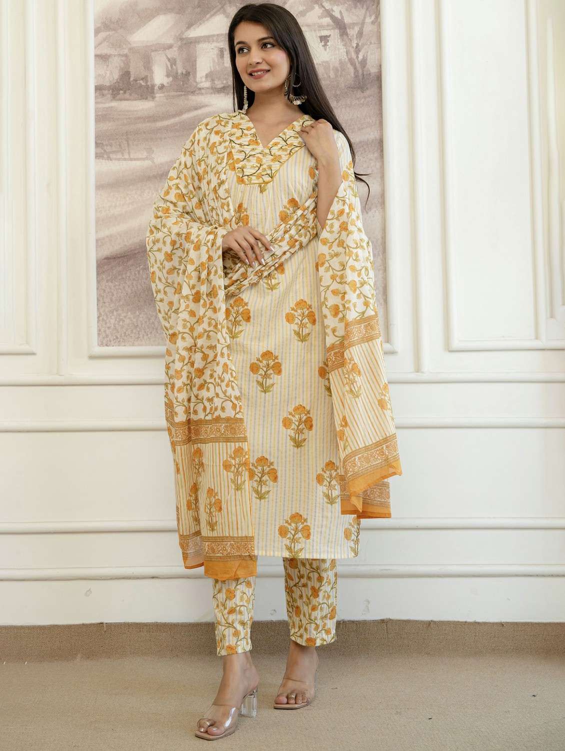 women printed three quarter sleeve kurta pant with dupatta set