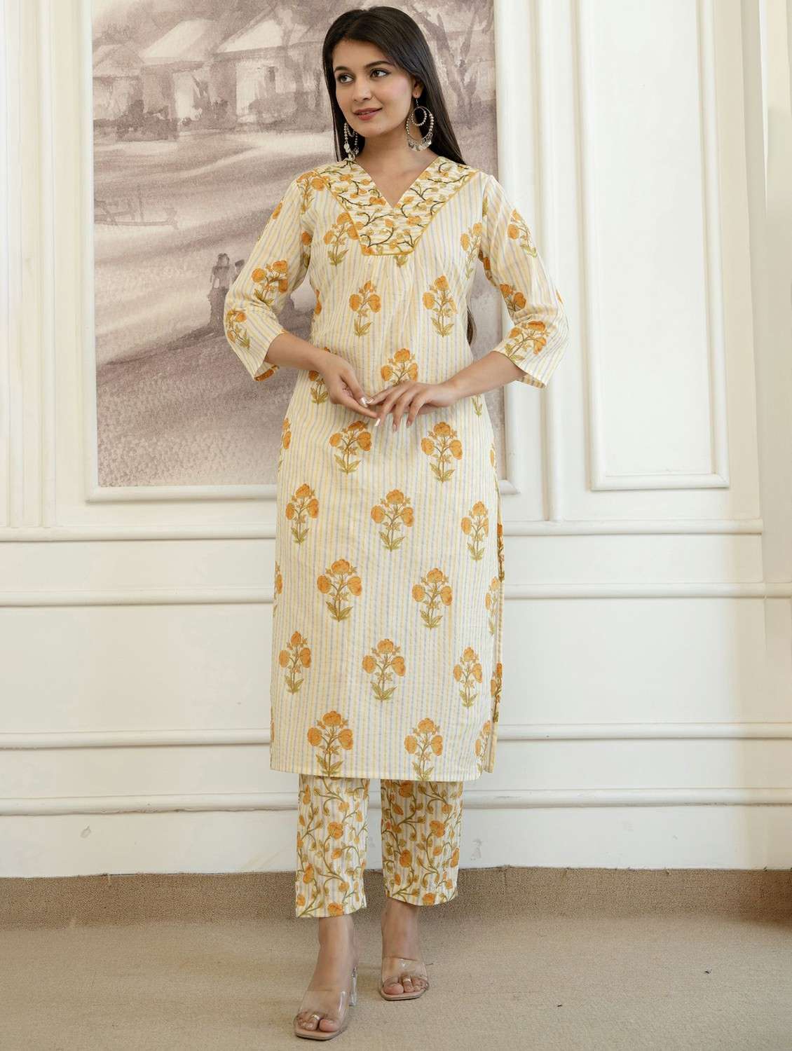 women printed three quarter sleeve kurta pant with dupatta set - 22542000 -  Standard Image - 2