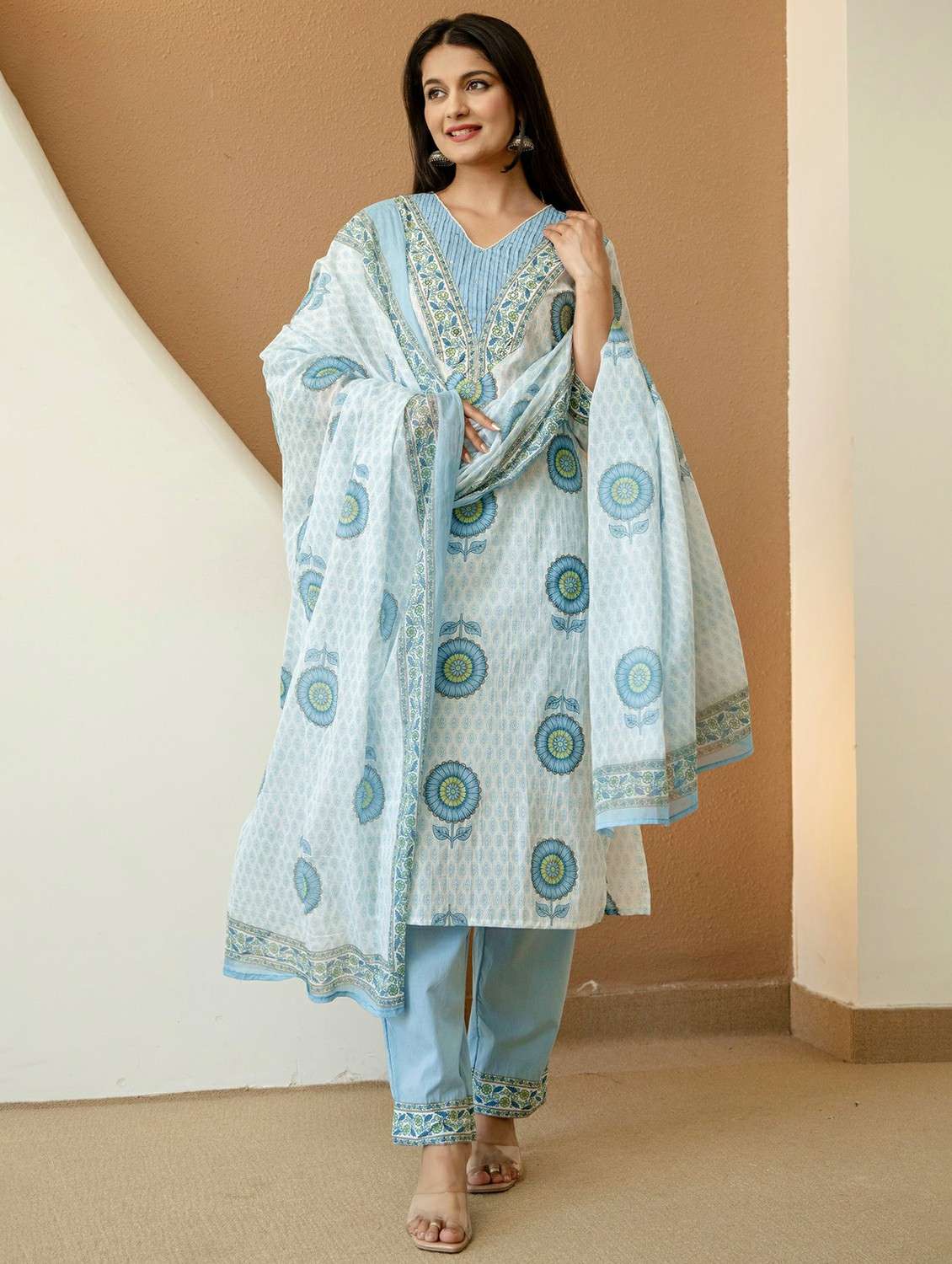 women printed three quarter sleeve kurta pant with dupatta set - 22542001 -  Standard Image - 2