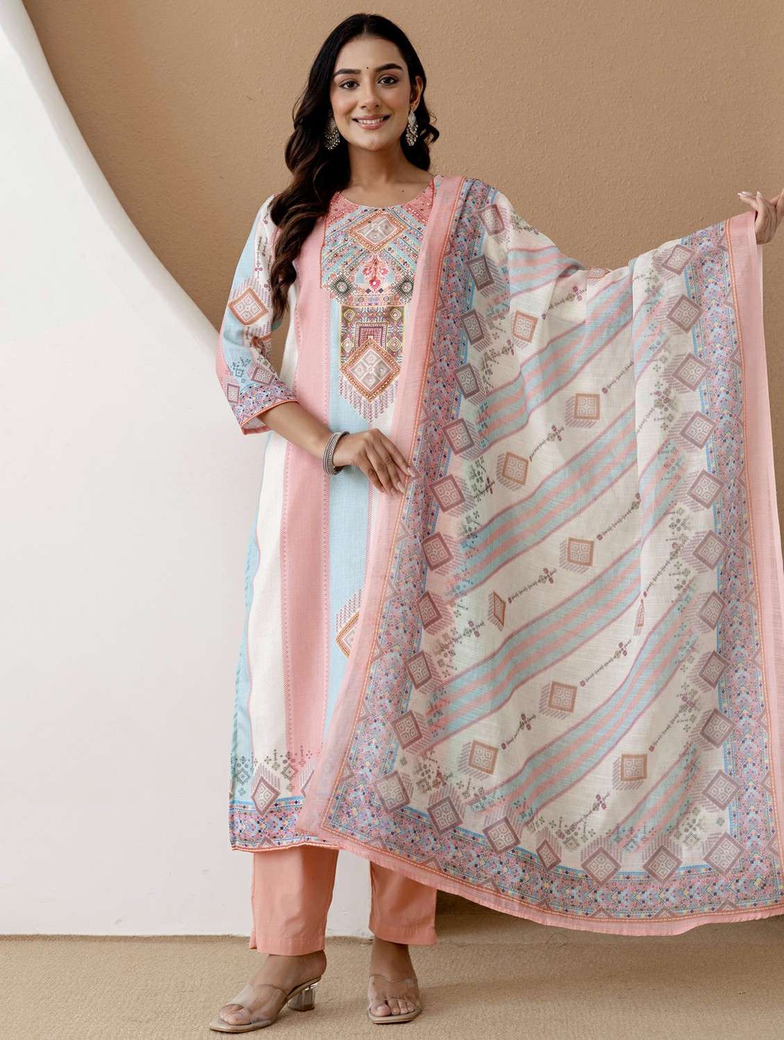 women printed three quarter sleeve kurta pant with dupatta set - 22542011 -  Standard Image - 2