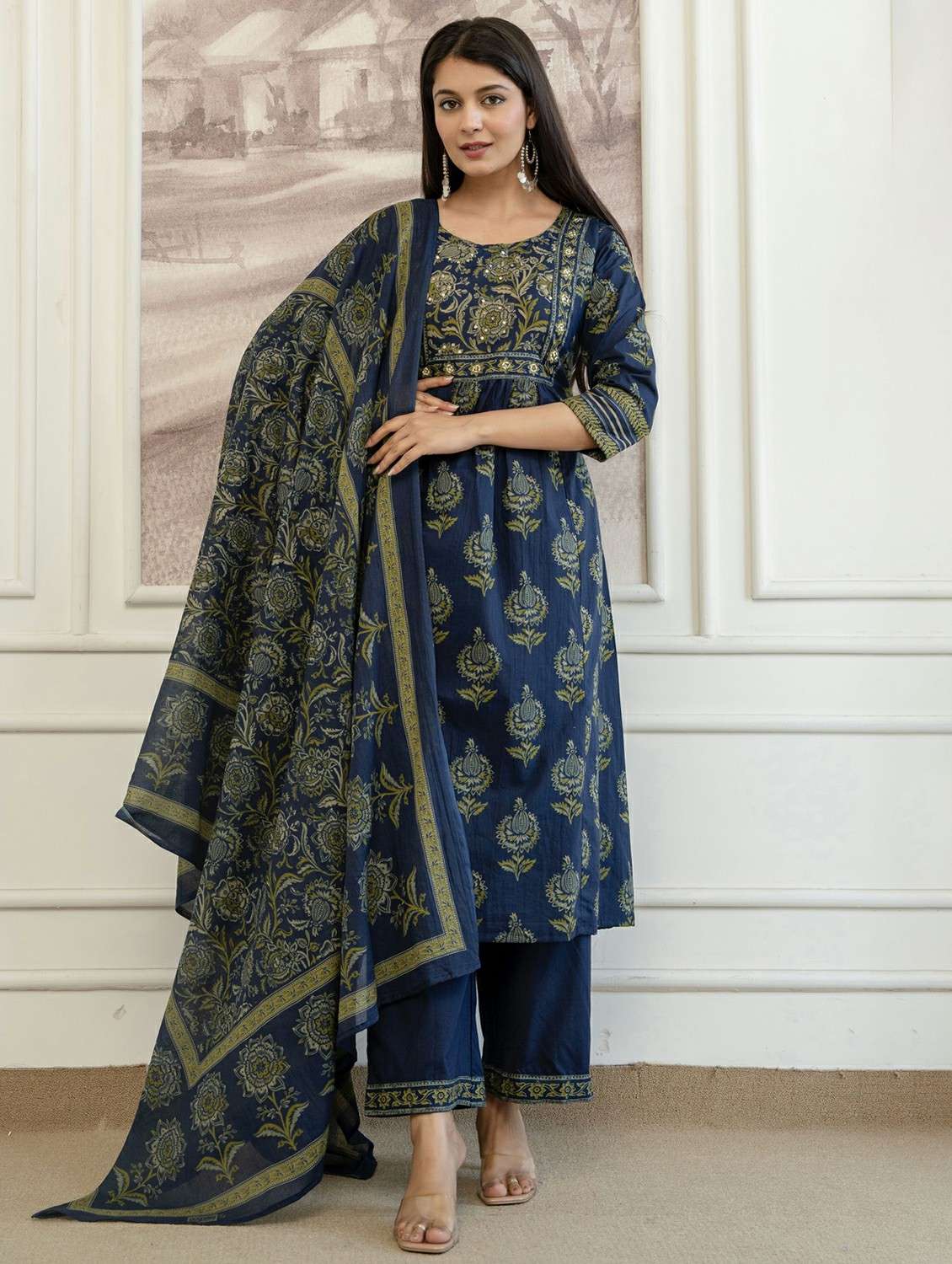women printed three quarter sleeve kurta palazzo with dupatta set - 22542028 -  Standard Image - 2