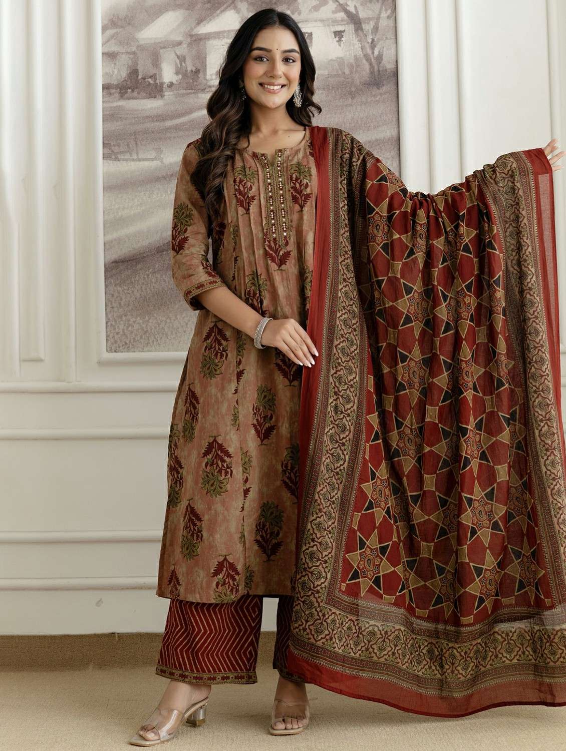 women printed three quarter sleeve kurta palazzo with dupatta set