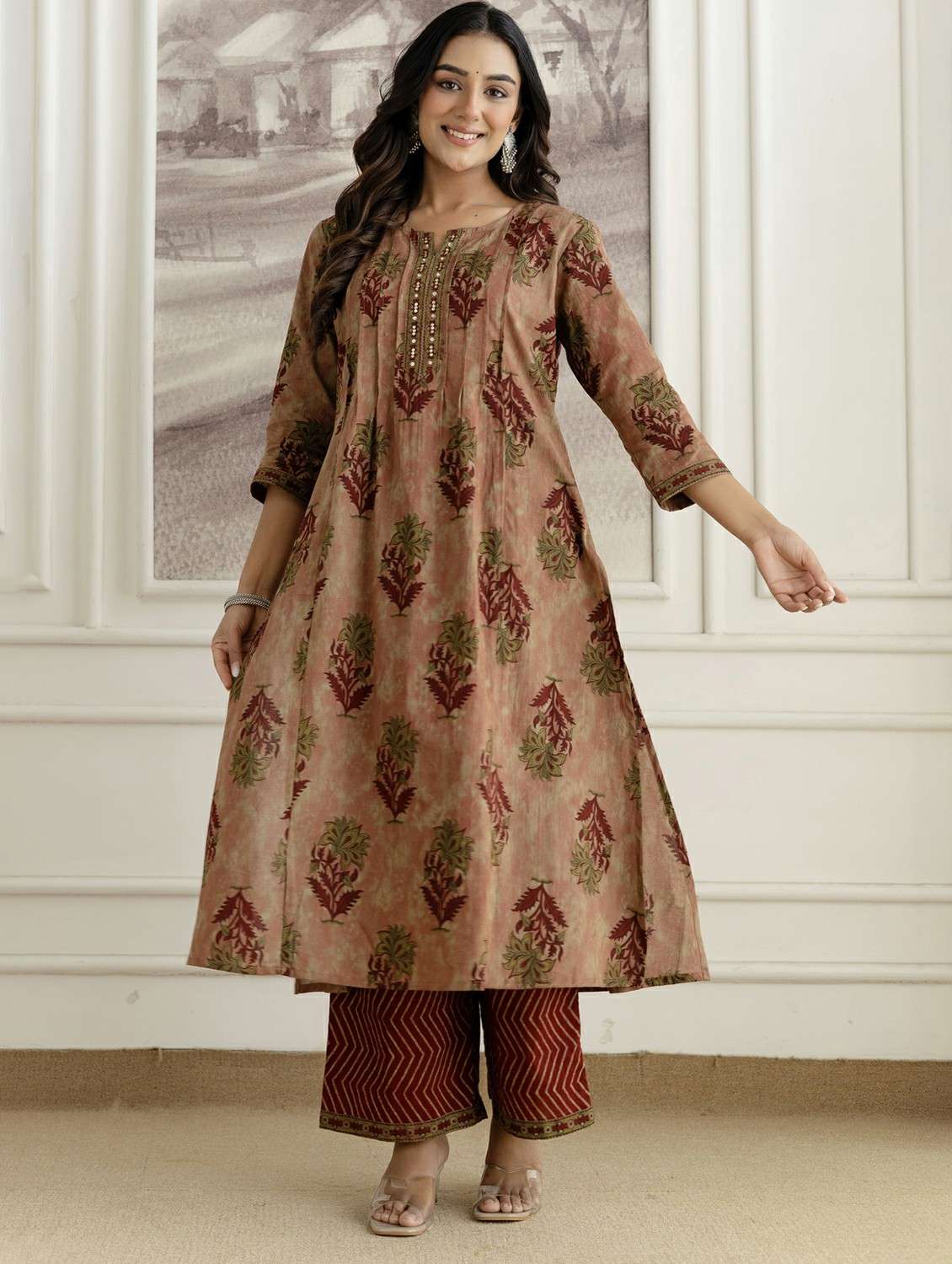 women printed three quarter sleeve kurta palazzo with dupatta set - 22542030 -  Standard Image - 2