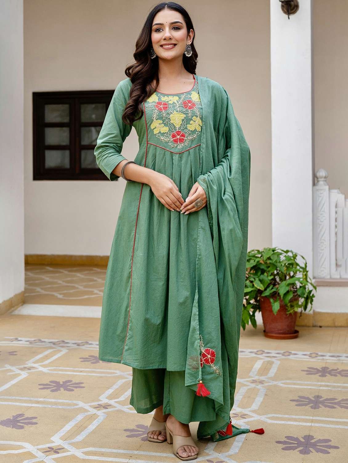 women embroidered three quarter sleeve kurta palazzo with dupatta set - 22542032 -  Standard Image - 2