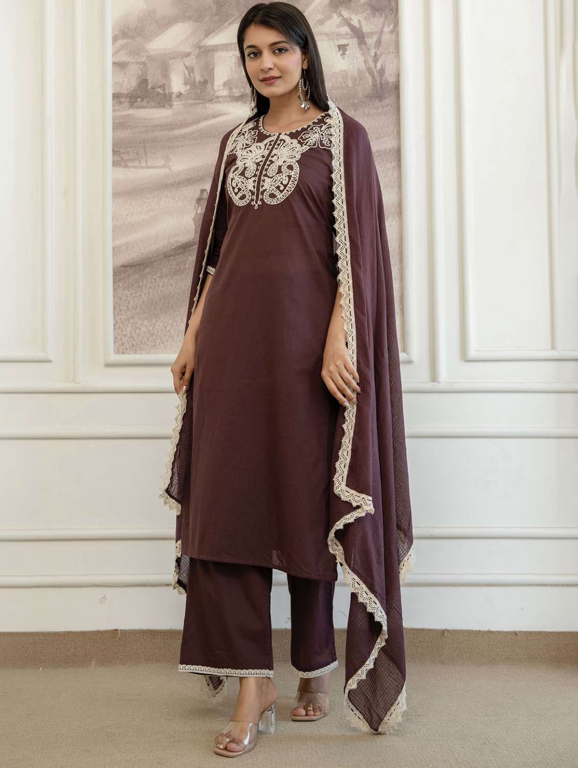 women embroidered three quarter sleeve kurta palazzo with dupatta set - 22542033 -  Standard Image - 2
