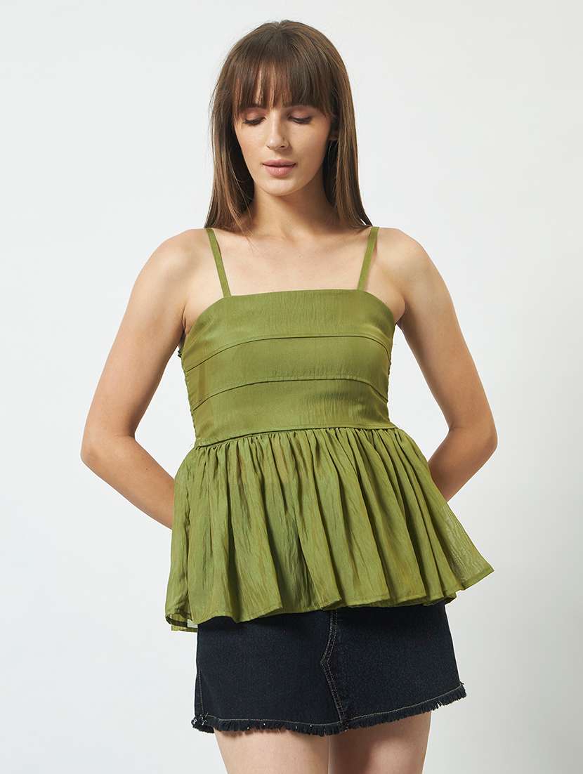 women solid shoulder strap peplum top