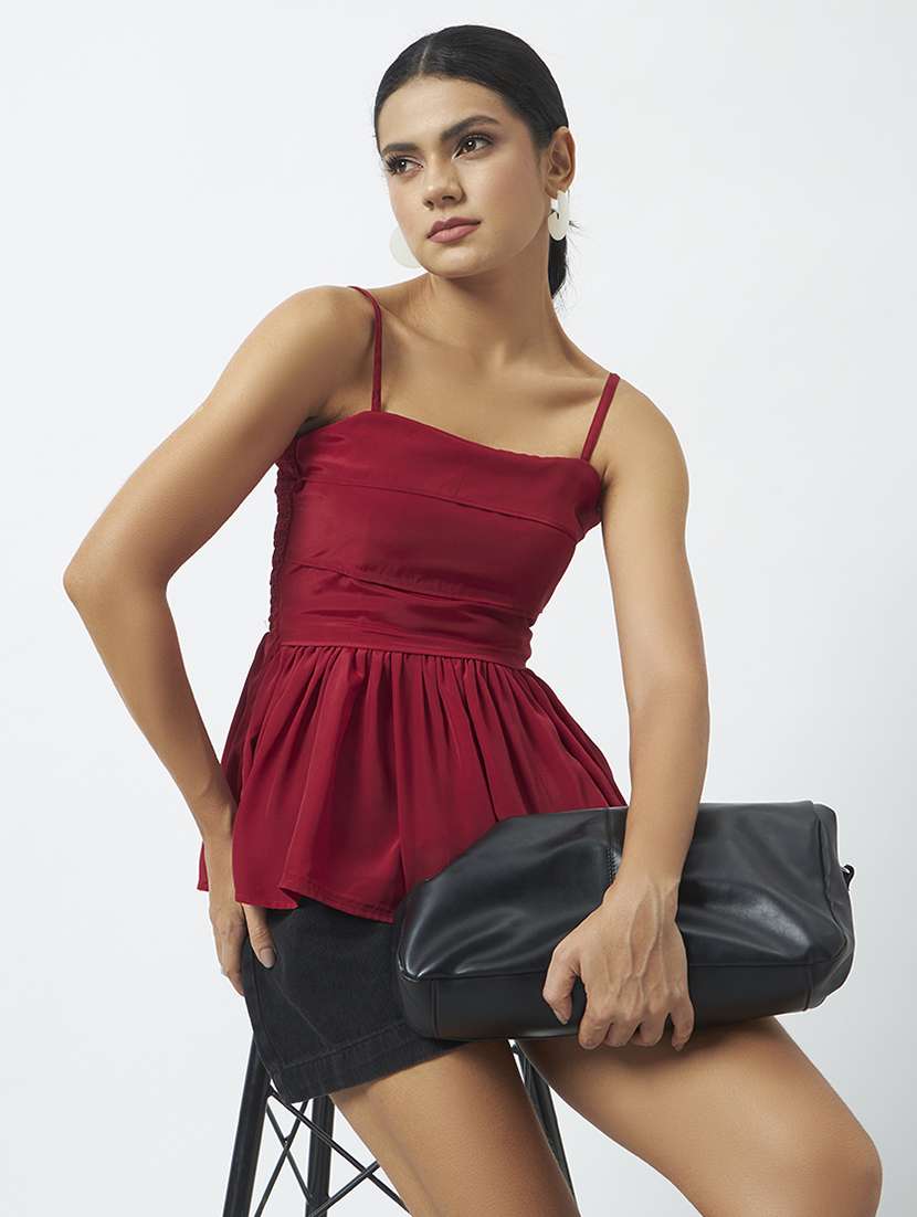 women solid shoulder strap peplum top