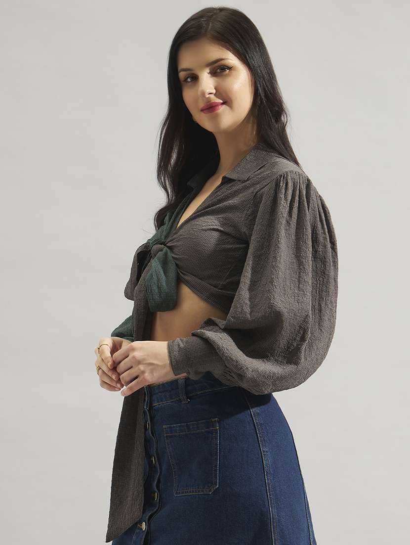 women colourblocked bishop sleeves crop top - 22542096 -  Standard Image - 2