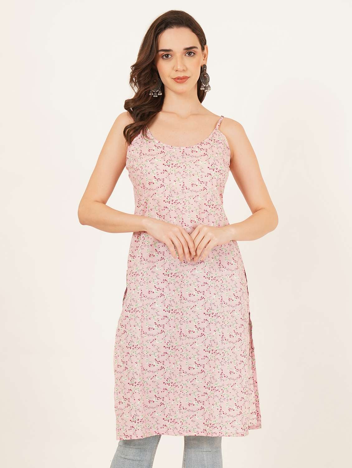 women printed shoulder strap straight kurta