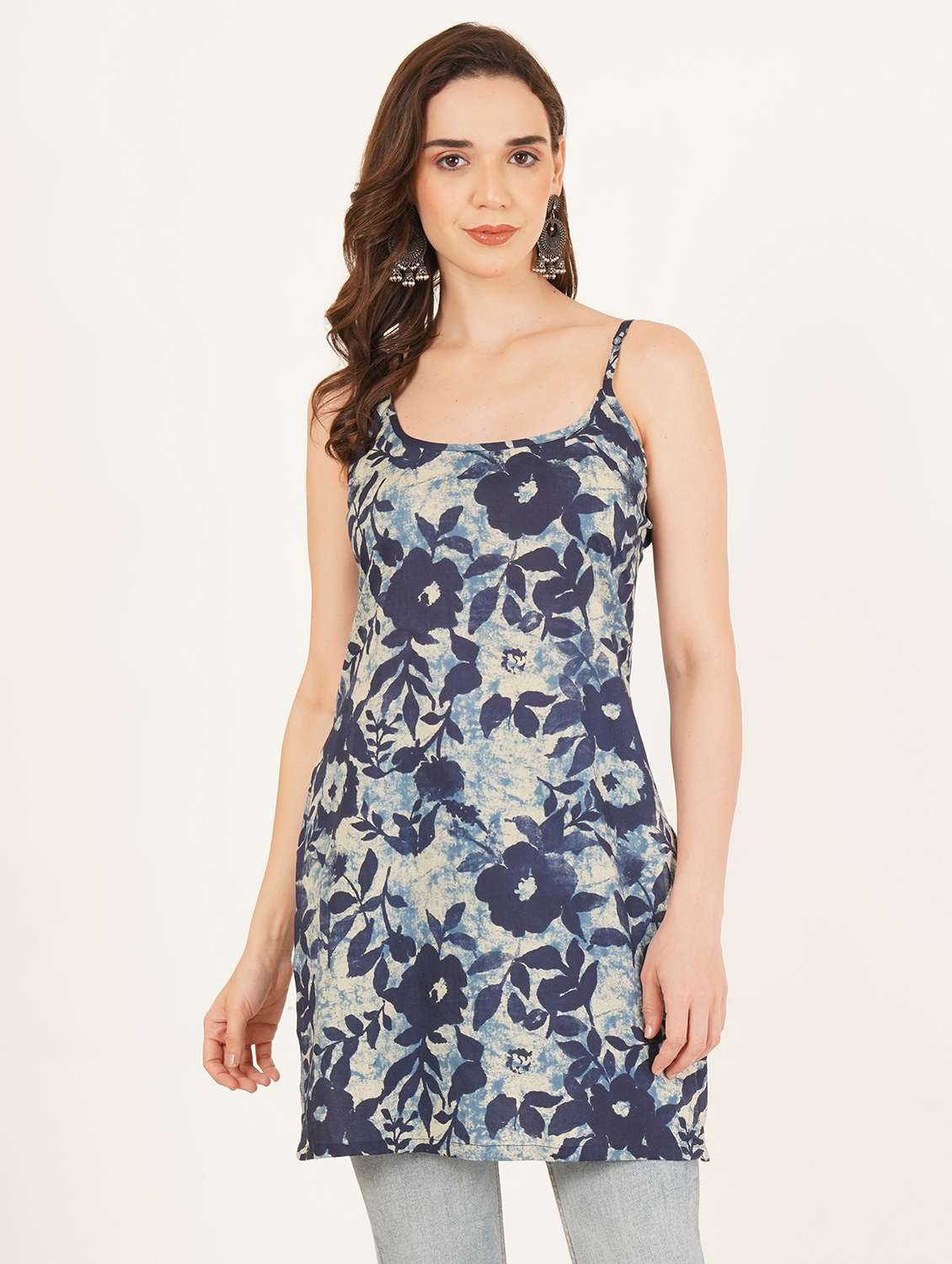 women printed shoulder strap straight kurti
