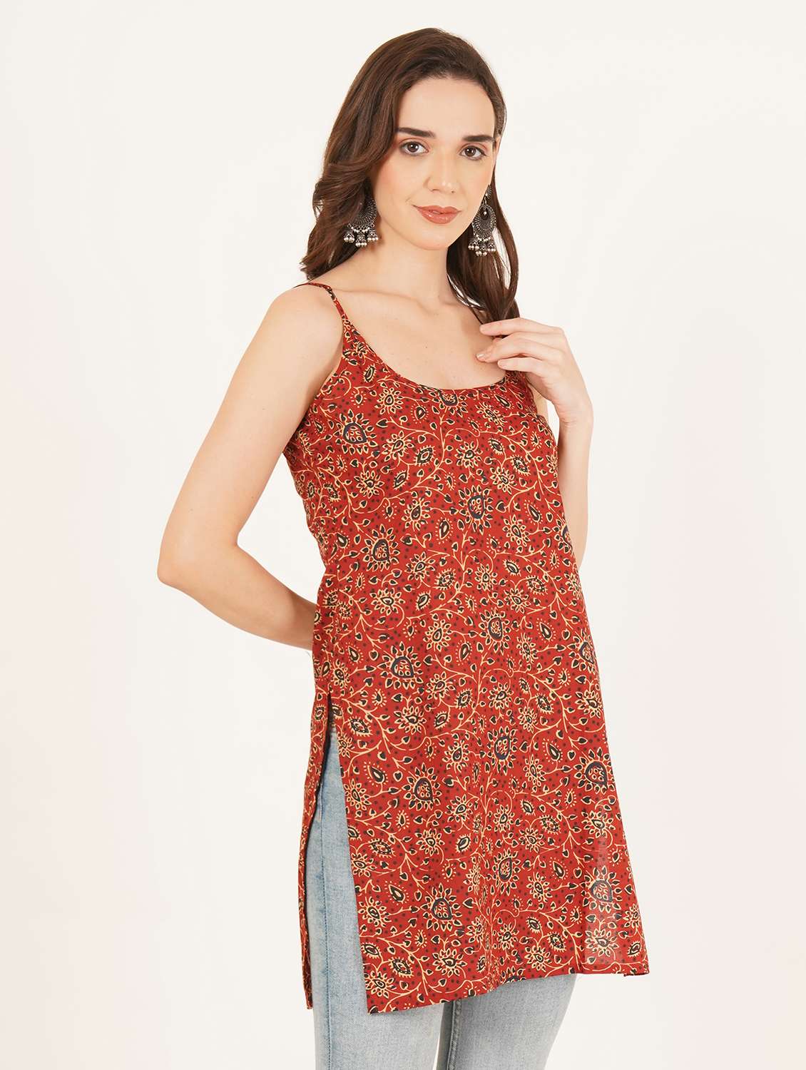 women printed shoulder strap straight kurti - 22542768 -  Standard Image - 2