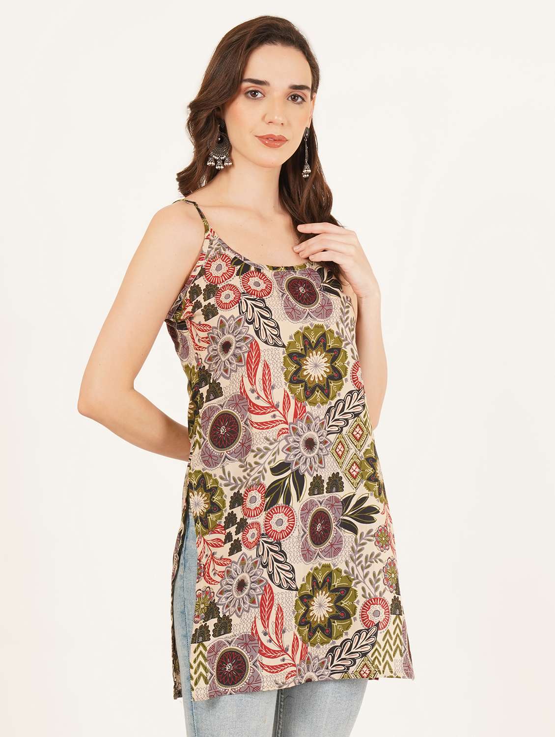 women printed shoulder strap straight kurti - 22542769 -  Standard Image - 2