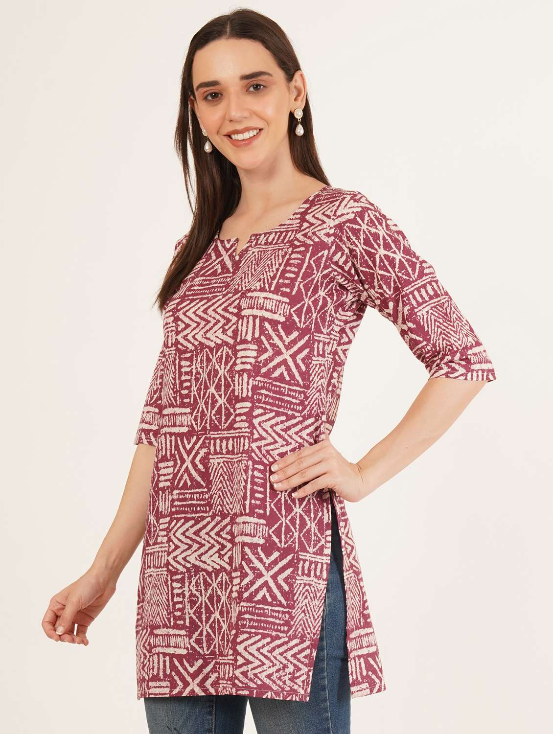 women printed three quarter sleeve straight kurti - 22542786 -  Standard Image - 2