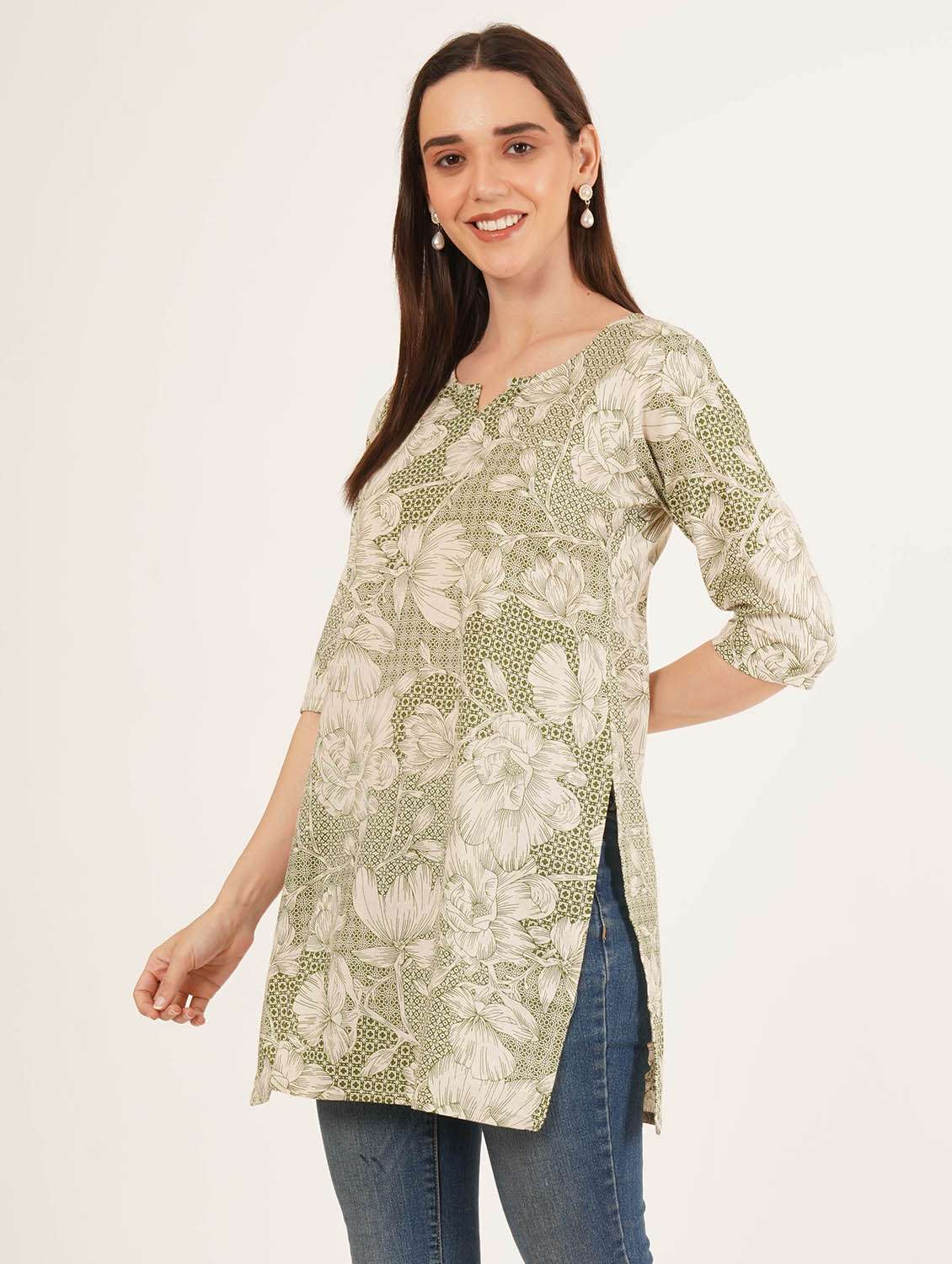 women printed three quarter sleeve straight kurti - 22542787 -  Standard Image - 2