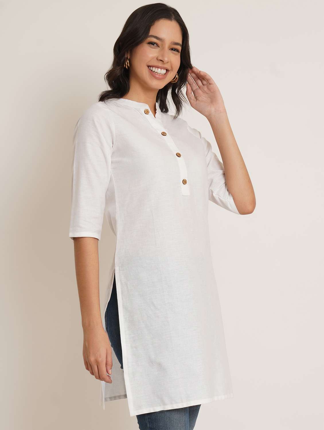 women solid three quarter sleeve straight kurti - 22542792 -  Standard Image - 2