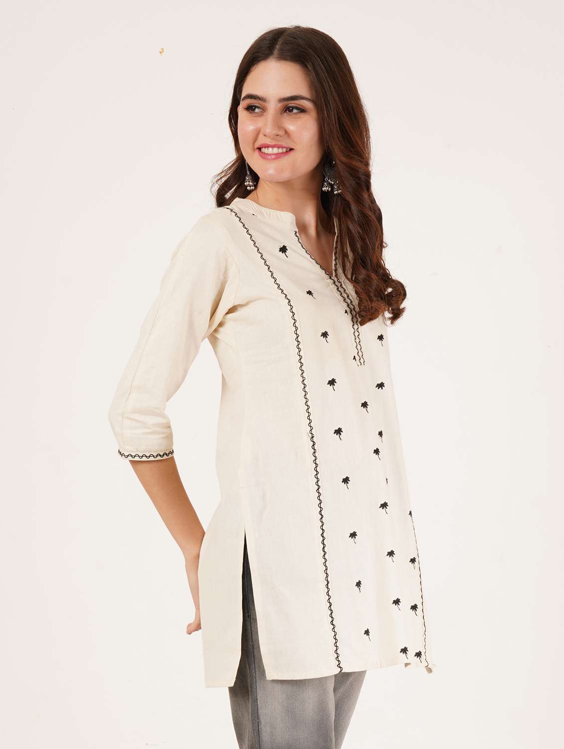 women embroidered three quarter sleeve straight kurti - 22542802 -  Standard Image - 2