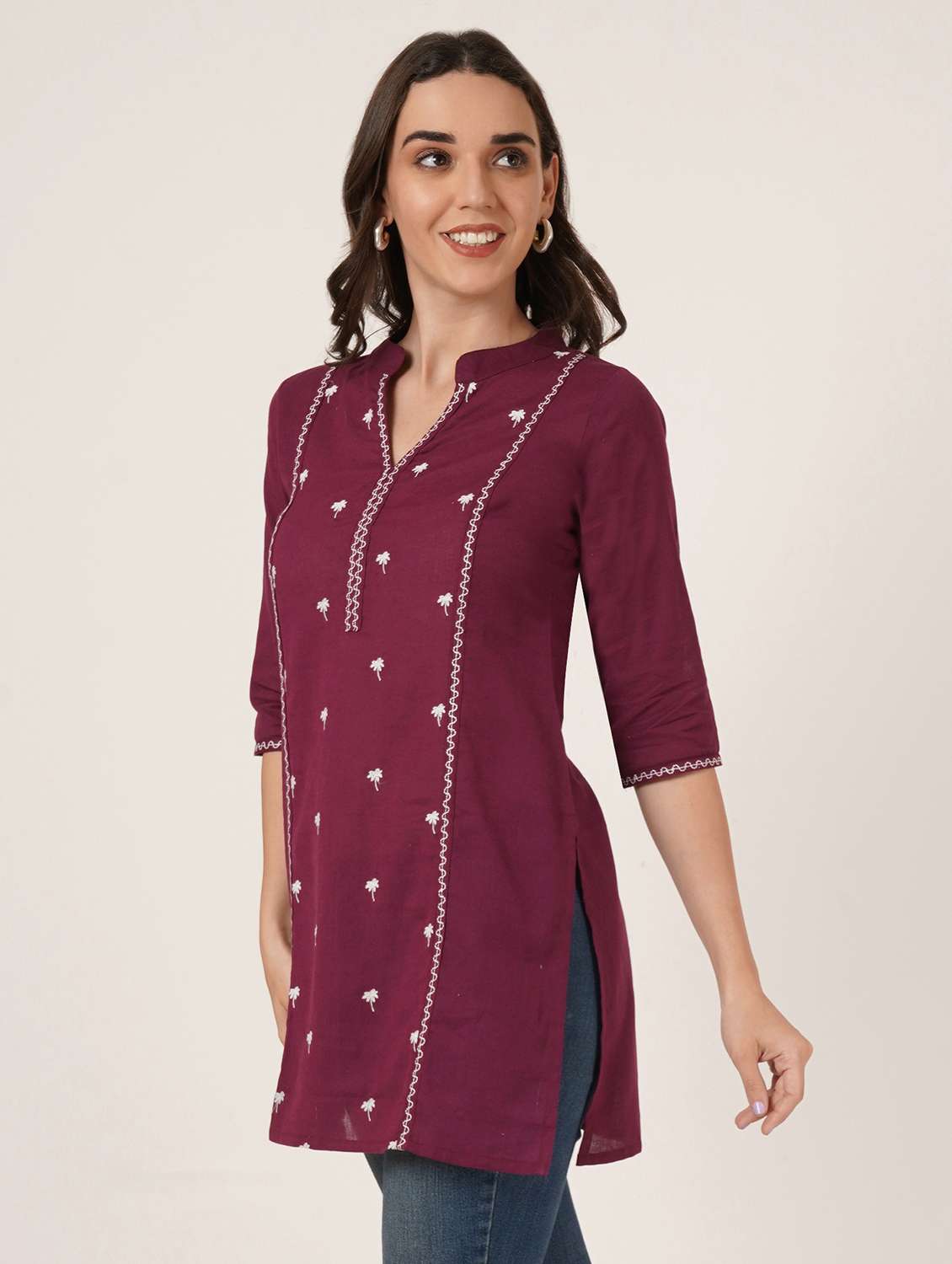 women embroidered three quarter sleeve straight kurti