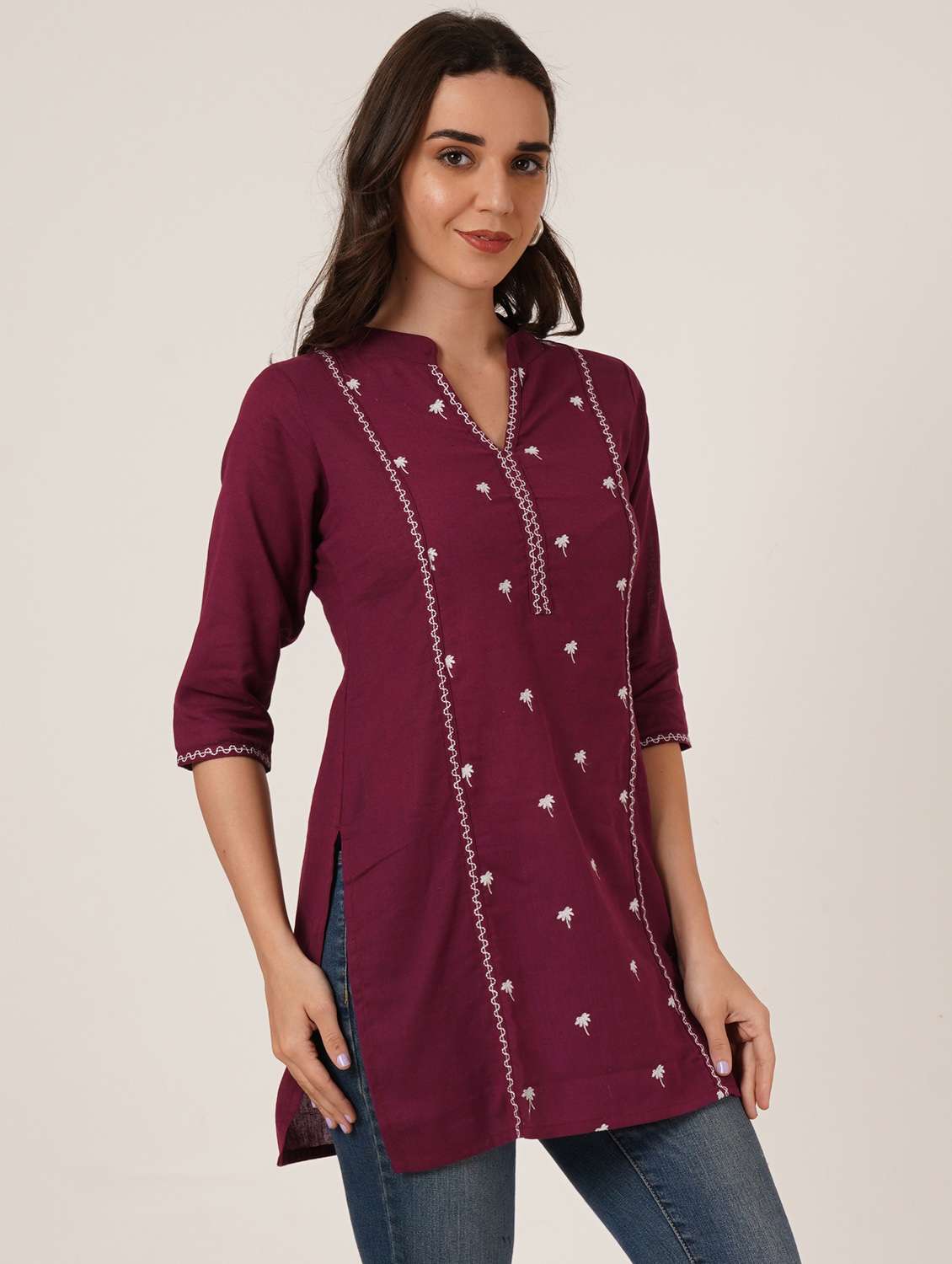 women embroidered three quarter sleeve straight kurti - 22542804 -  Standard Image - 2