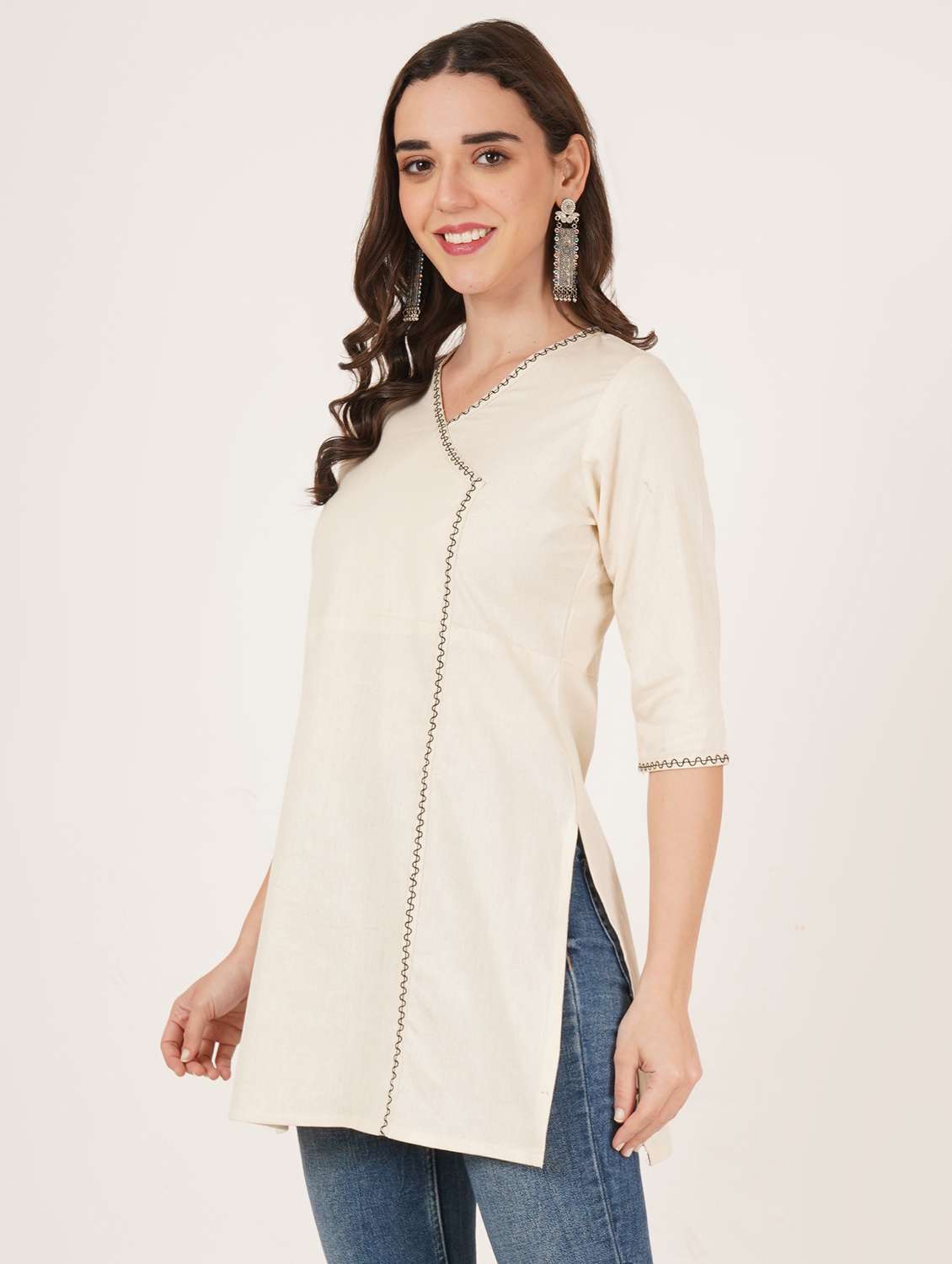 women solid three quarter sleeve angrakha kurti - 22542807 -  Standard Image - 2