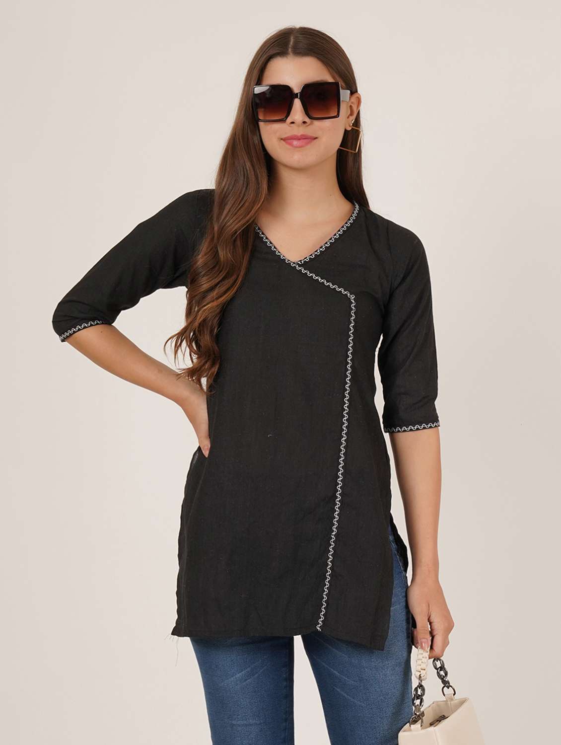 women solid three quarter sleeve angrakha kurti