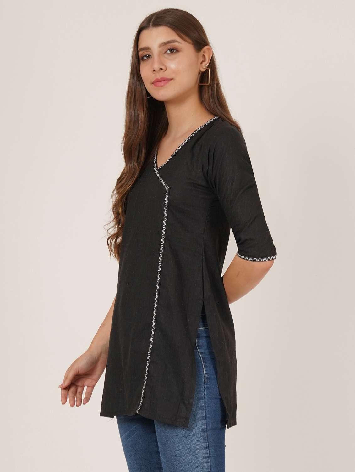 women solid three quarter sleeve angrakha kurti - 22542808 -  Standard Image - 2