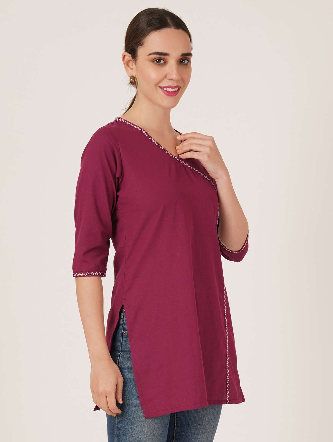 women solid three quarter sleeve angrakha kurti - 22542809 -  Standard Image - 2