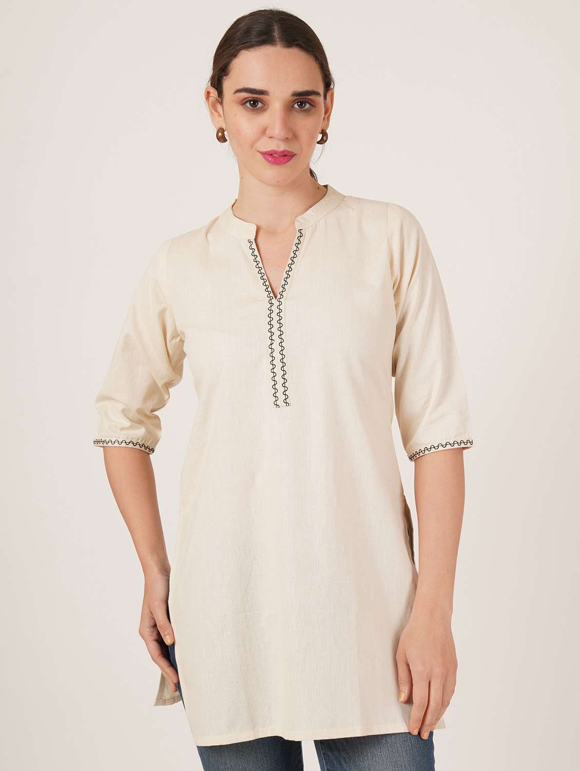 women embroidered three quarter sleeve straight kurti - 22542813 -  Standard Image - 2