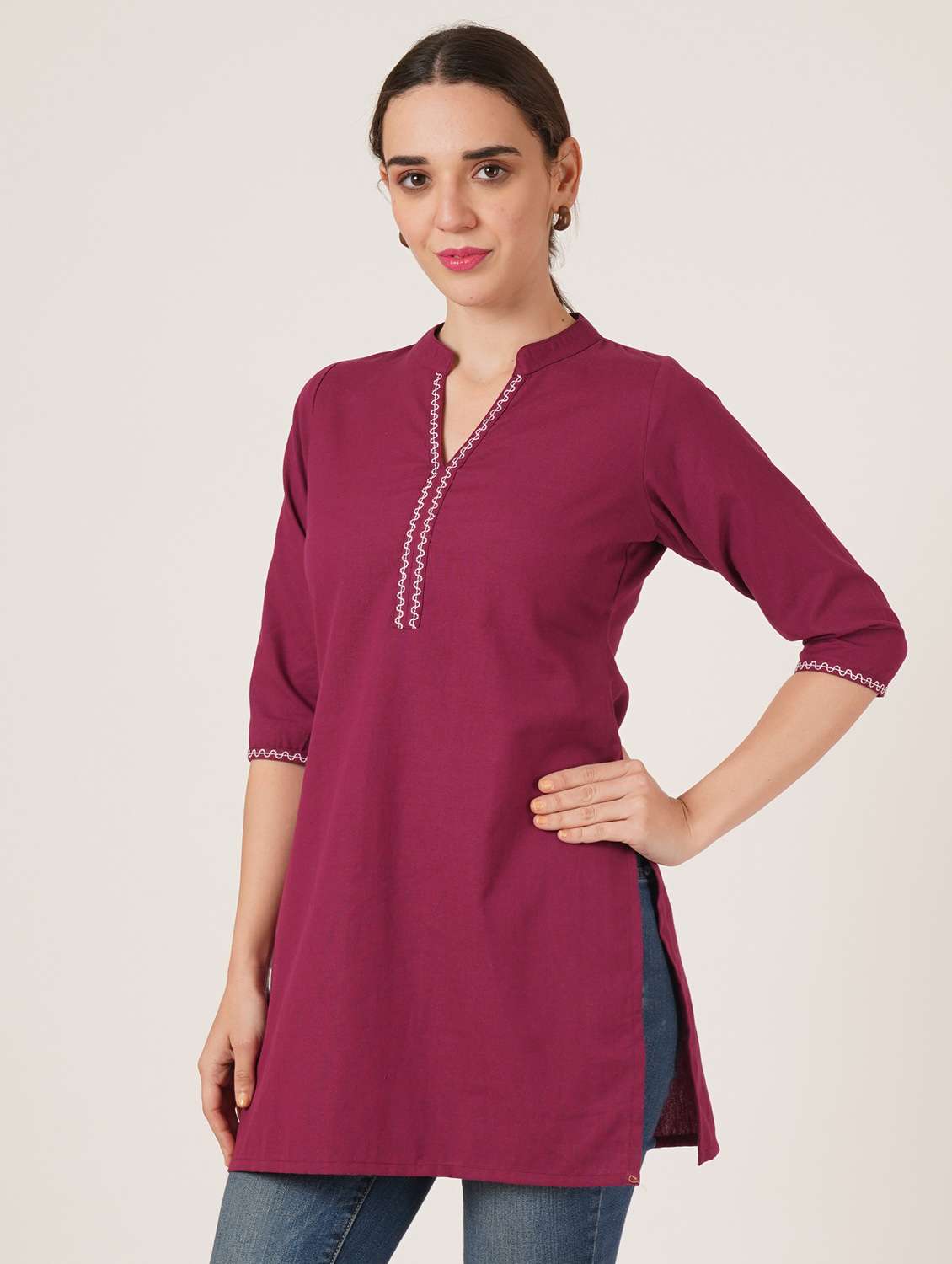 women embroidered three quarter sleeve straight kurti - 22542815 -  Standard Image - 2