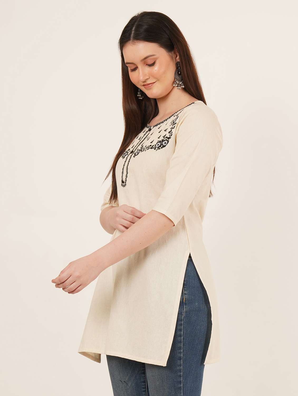 women embroidered three quarter sleeve straight kurti - 22542816 -  Standard Image - 2