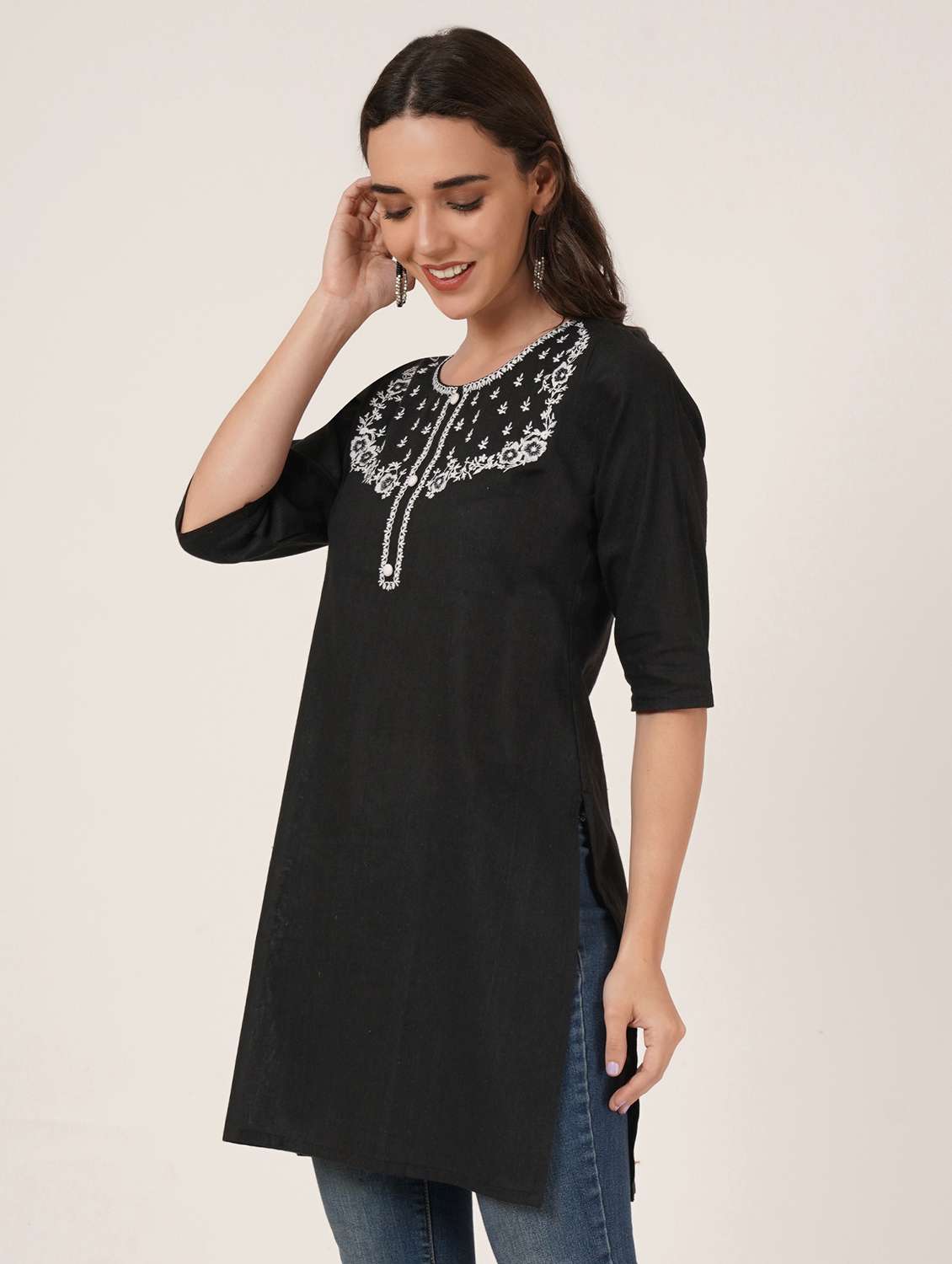 women embroidered three quarter sleeve straight kurti - 22542817 -  Standard Image - 2