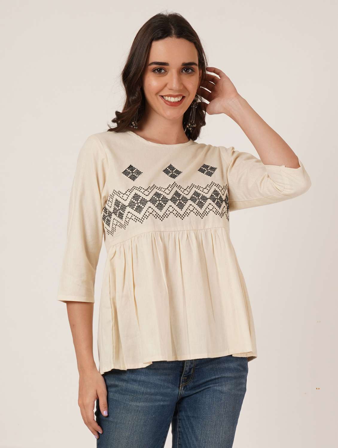 women embroidered three quarter sleeve ethnic top - 22542830 -  Standard Image - 2