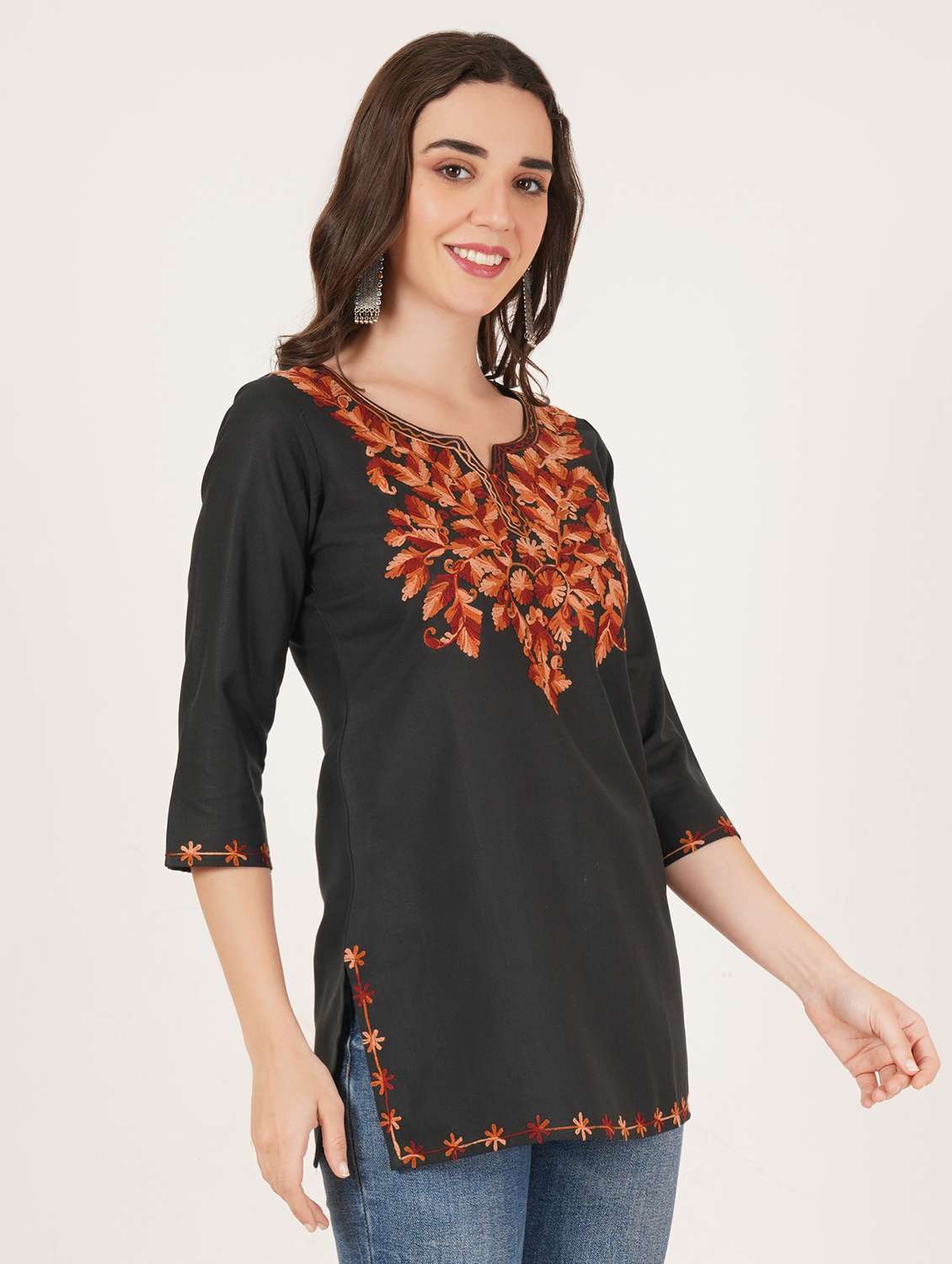 Women Embroidered Notch Neck Straight Kurti - 22542838 -  Standard Image - 2