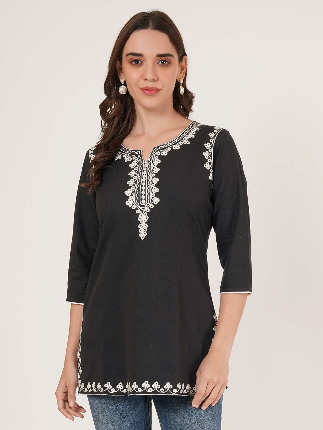 Women Embroidered Notch Neck Straight Kurti - 22542843 -  Standard Image - 2