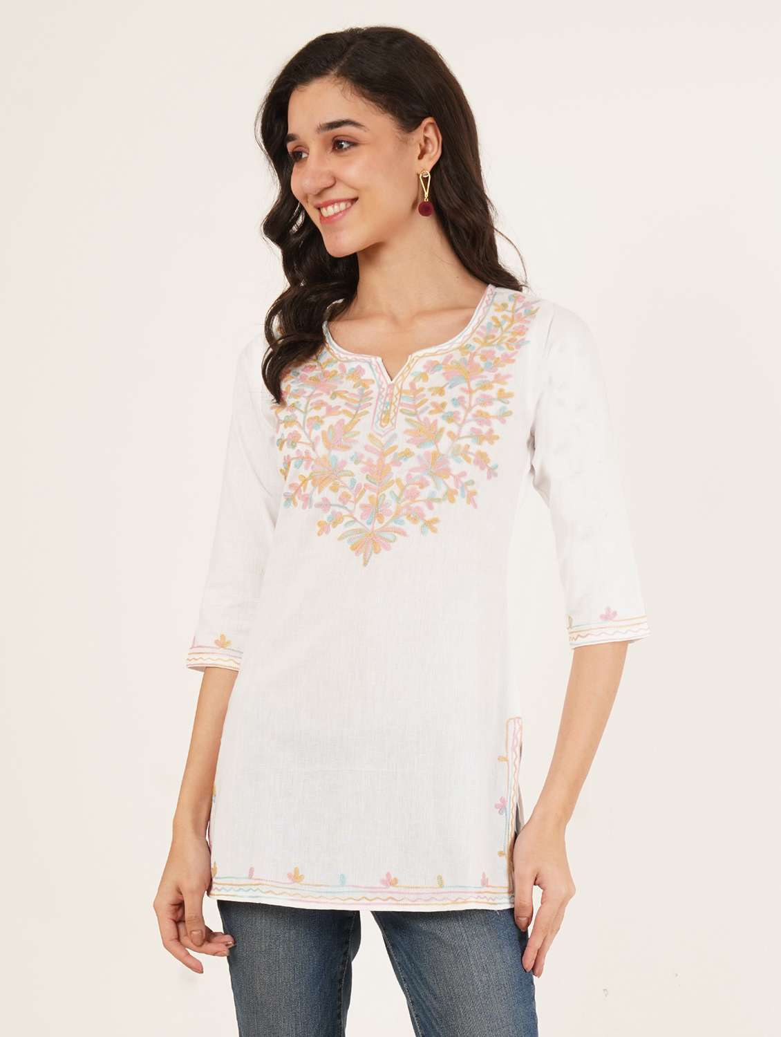 Women Embroidered Notch Neck Straight Kurti - 22542864 -  Standard Image - 2