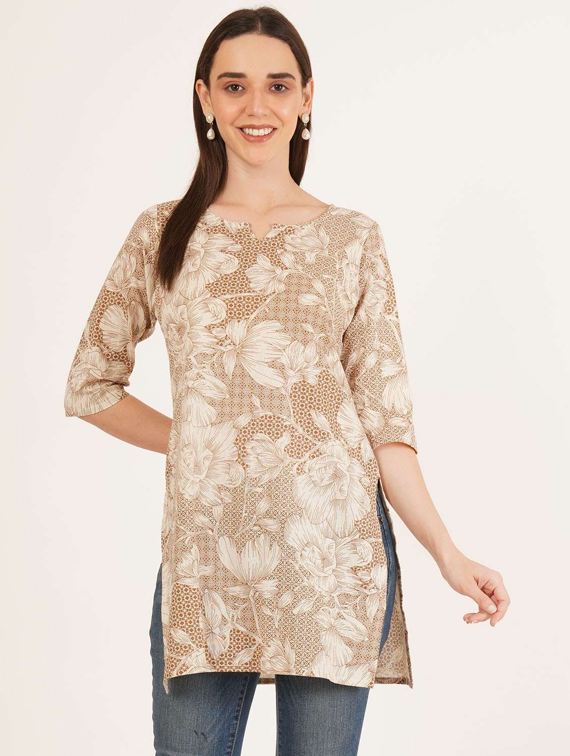 women printed three quarter sleeve straight kurti - 22542868 -  Standard Image - 2