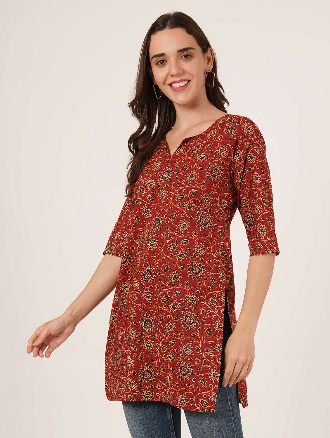 women printed three quarter sleeve straight kurti - 22542878 -  Standard Image - 2
