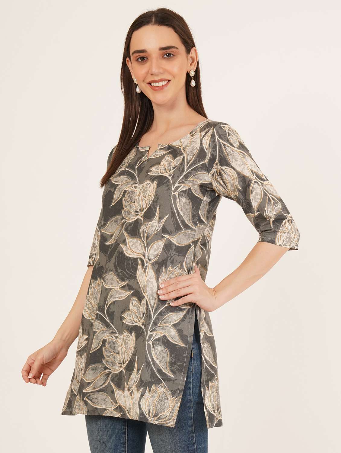 women printed three quarter sleeve straight kurti - 22542891 -  Standard Image - 2