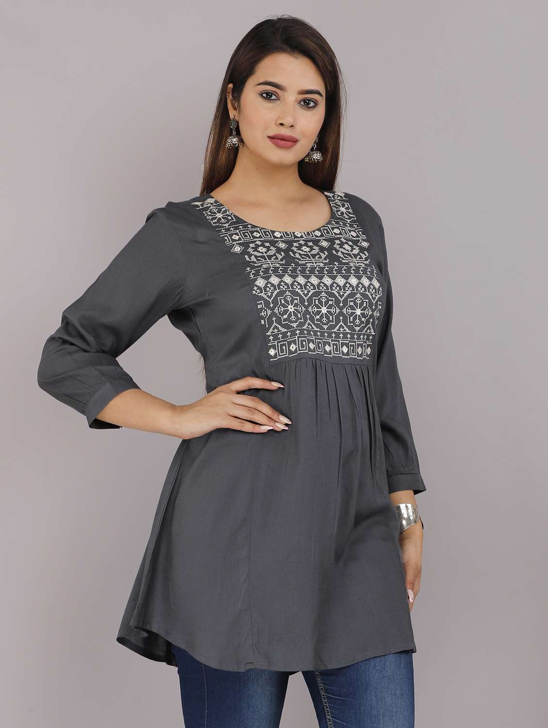 grey rayon solid regular fit round neck three quarter sleeves top - 22543194 -  Standard Image - 2