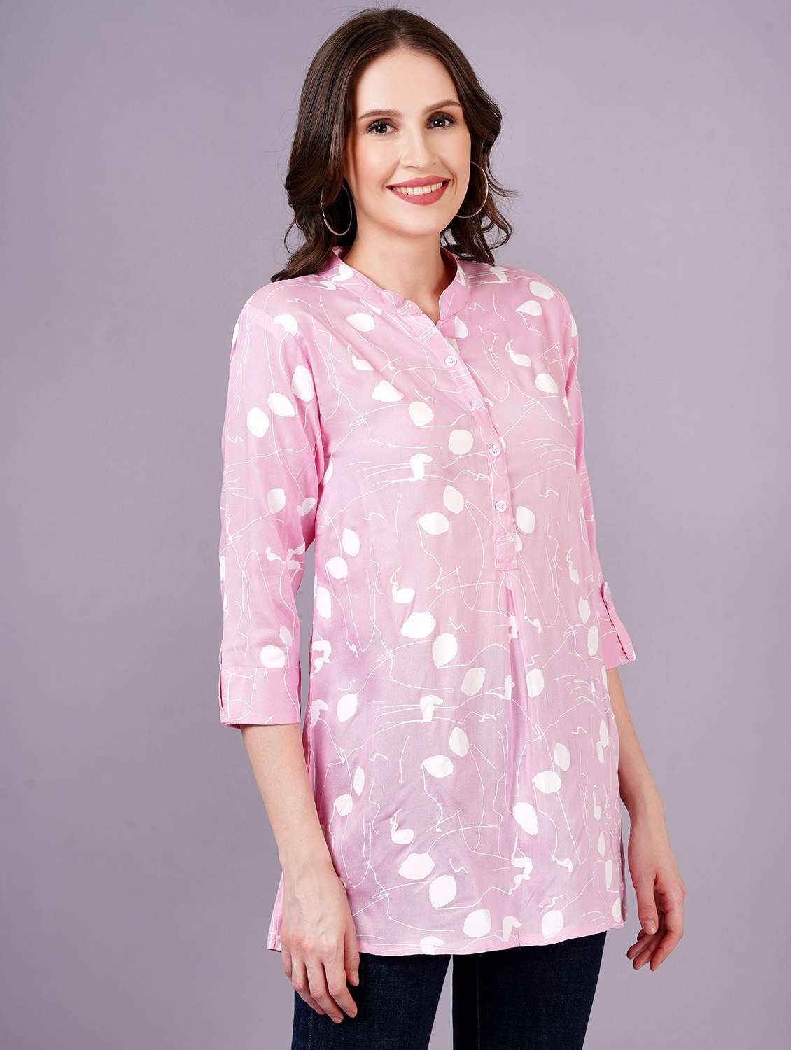 women printed three quarter sleeves a-line tunic - 22543199 -  Standard Image - 2