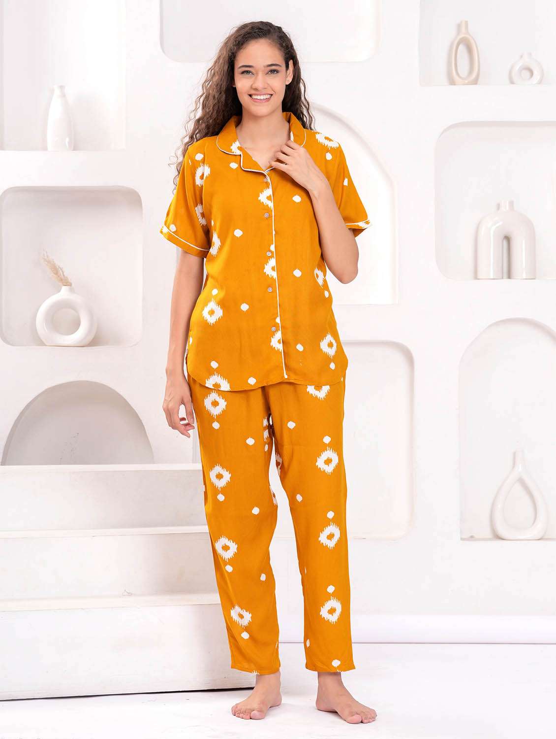 women printed short sleeves shirt and pyjama set - 22543203 -  Standard Image - 2