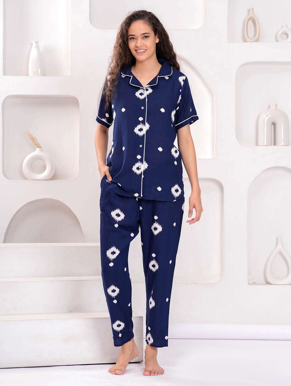 women printed short sleeves shirt and pyjama set - 22543204 -  Standard Image - 2